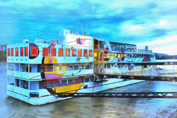 Donauufer in der Nacht bunte Malerei sieht aus wie Bild, Bratislava, Slowakei. — Stockfoto