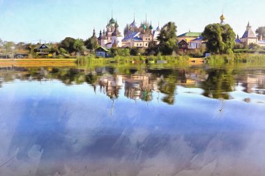 Nero Gölü 'nden Aziz James Manastırı' na bakan manzara resme benziyor, Rostov, Yaroslavl bölgesi, Rusya.