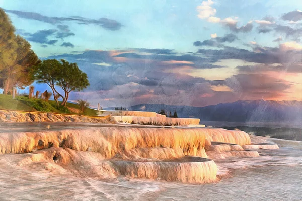 Peinture colorée de paysage avec terrasse travertin, Pamukkale, Turquie. — Photo