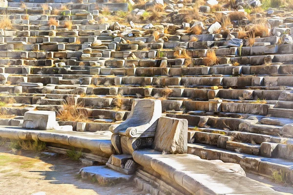 Ruinas del teatro antiguo pintura colorida se parece a la imagen, Priene, Turquía. — Foto de Stock