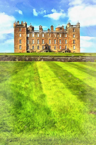 Old Drumlanrig Castle mit Rasen im Vordergrund bunte Malerei sieht aus wie Bild, Schottland, UK. — Stockfoto