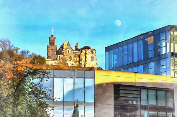 Uitzicht op Calton Hill van Princes straat kleurrijke schilderij ziet eruit als foto, Edinburgh, Schotland, Verenigd Koninkrijk. — Stockfoto