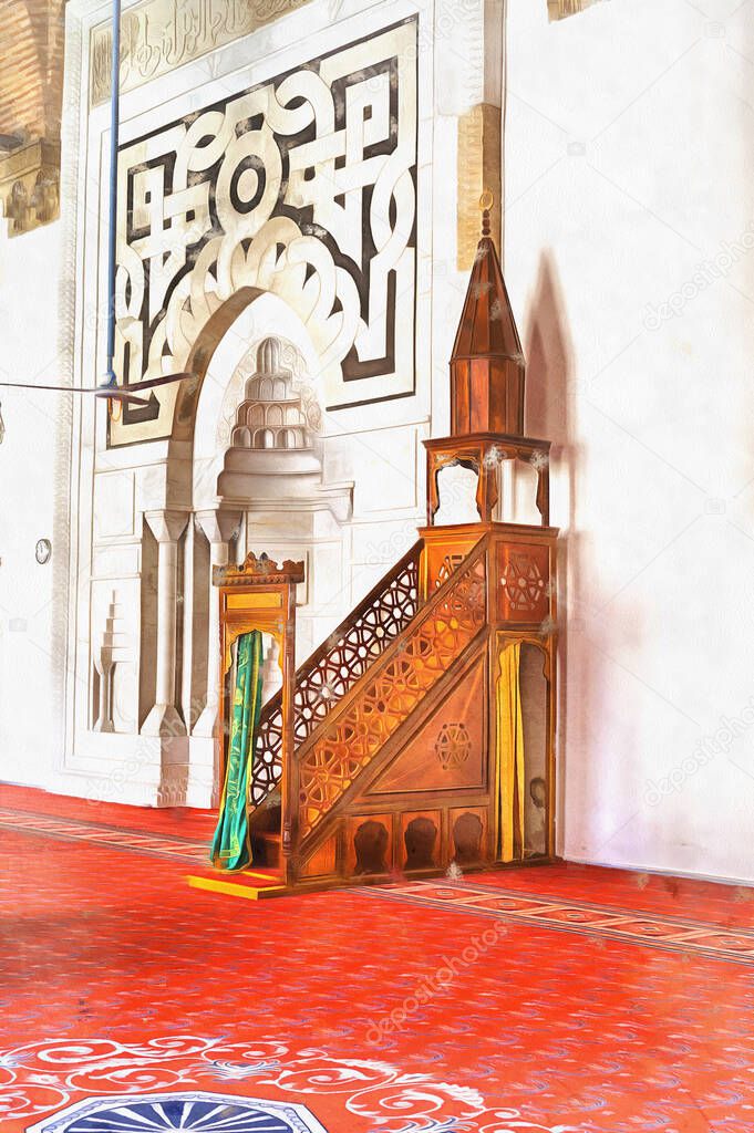 Interior of Isa Bey Mosque colorful painting looks like picture, Ephesus, Selcuk, Izmir Province, Turkey.
