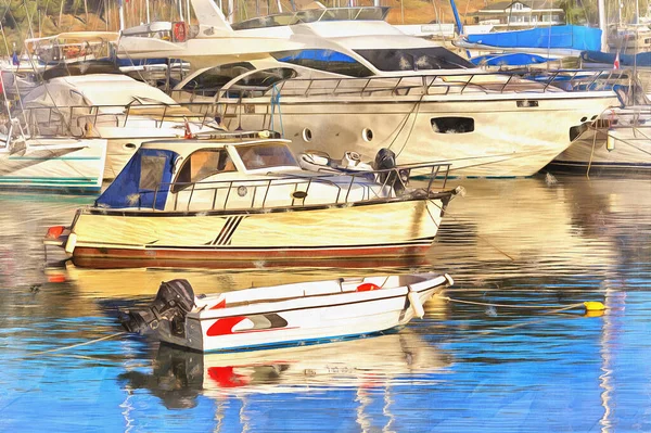 Aegean sea harbor colorful painting looks like picture, Fethiye, Mugla Province, Turkey. — Stock Photo, Image