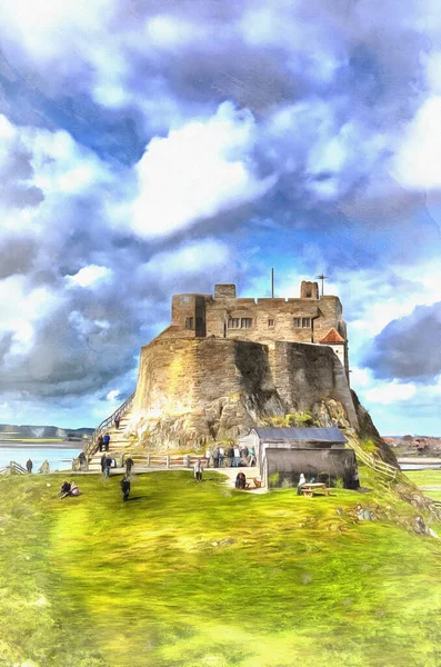 Altes Schloss buntes Gemälde sieht aus wie Bild, Lindisfarne, UK. — Stockfoto