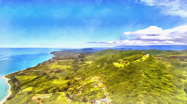 View from drone on Black sea coastal town New Athos and Anakopia mountain — Stock Photo, Image