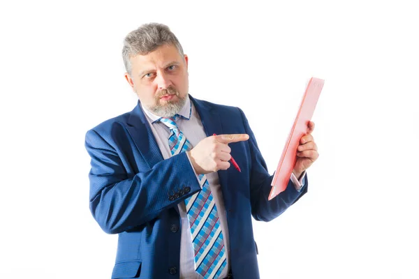 Entrenador de negocios estudio emocional retrato sobre fondo blanco. —  Fotos de Stock