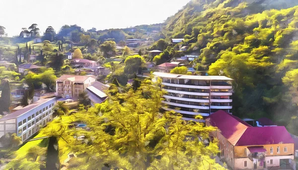 Vista dal drone sul Mar Nero località costiera pittoresco dipinto colorato assomiglia immagine, Abkhazia — Foto Stock