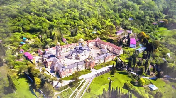 Nový Athos klášter v letní sezóně barevné malby vypadá jako obraz, Abcházie — Stock fotografie
