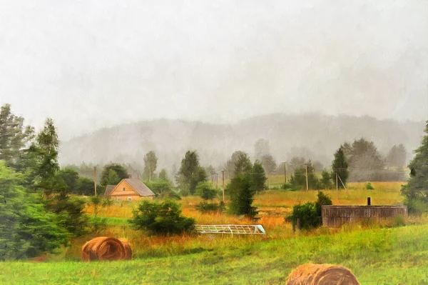 Pole ze stogami siana krajobraz wiejski kolorowe malarstwo wygląda jak obraz. — Zdjęcie stockowe