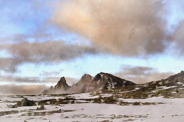 Vackert bergslandskap på Polar Urals färgglada målning ser ut som en bild. — Stockfoto