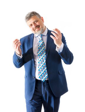 Beyaz arka planda iş eğitmeni duygusal stüdyo portresi.