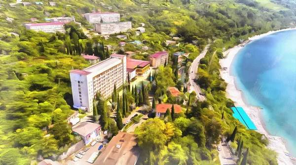 Vista de drone em Black Sea Coast Resort pintura colorida parece imagem. — Fotografia de Stock