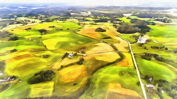 Flyger över jordbruksmark med odlade fält färgglada målning ser ut som bild. — Stockfoto