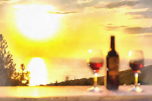 Hermosa escena con copas de vino y botella de vino — Foto de Stock
