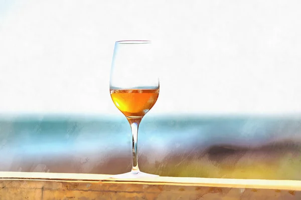 Krásná scéna s vínem brýle stojící sám na přírodní obloze a pobřeží pozadí — Stock fotografie