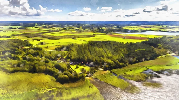 Piękny widok z lotu ptaka jeziora i wybrzeża kolorowe malarstwo wygląda jak obraz. — Zdjęcie stockowe