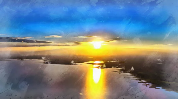 Scenic uitzicht van drone over zonsondergang kleurrijk schilderij ziet eruit als foto. — Stockfoto