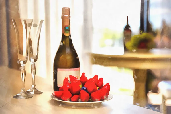 Hermosa escena con botella de vino y fresas frescas vista de cerca — Foto de Stock