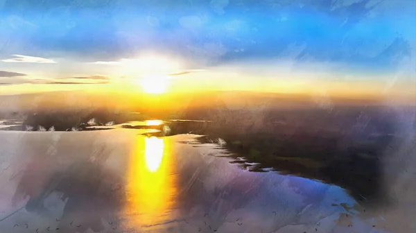Scenic view from drone over sunset colorful painting looks like picture. — Stock Photo, Image
