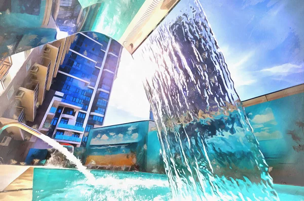 Piscine extérieure avec cascade sur fond de paysage urbain — Photo