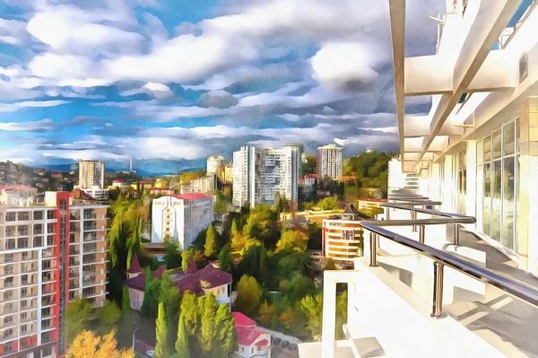 Bela paisagem urbana moderna na hora do verão pintura colorida se parece com imagem, Sochi, Rússia. — Fotografia de Stock