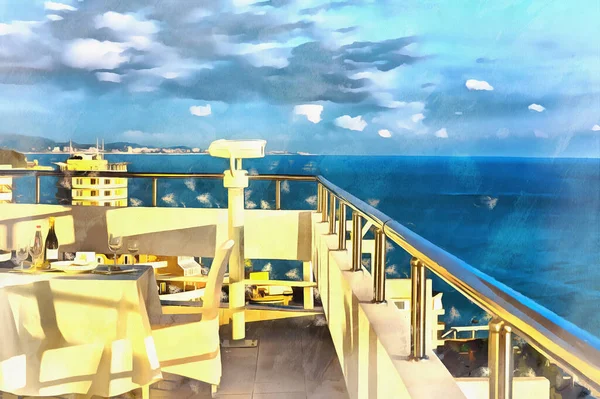 Beautiful observation point with served table colorful painting looks like picture, Black Sea summer view. — Stock Photo, Image