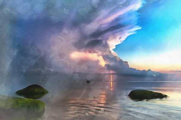 Vacker scen med stormfront och blixtnedslag sommar kustlandskap — Stockfoto