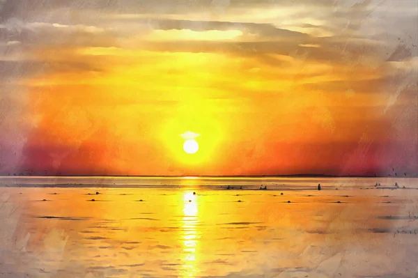 Beautiful sunset over the sea orange colour colorful painting looks like picture. — Stock Photo, Image