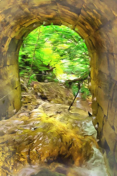 Arch of old stone bridge over the mountain creek summer view — Stock Photo, Image