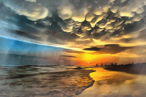 Puesta de sol con hermosas nubes sobre la orilla del mar — Foto de Stock