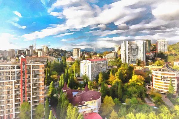 Красивый современный городской пейзаж в летнее время красочная живопись выглядит как картина, Сочи, Россия. — стоковое фото