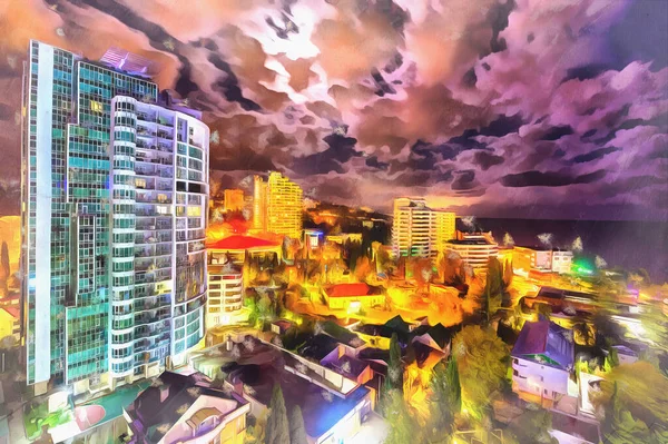 Scenic nacht stadsgezicht met moderne gebouw kleurrijke schilderij ziet eruit als foto, Sotsji, Rusland. — Stockfoto