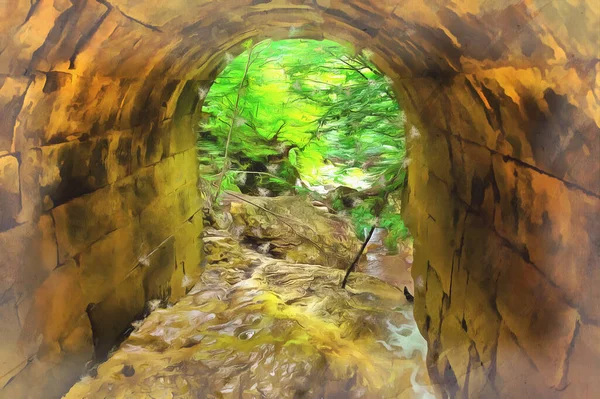 Arch of old stone bridge over the mountain creek summer view — Stock Photo, Image