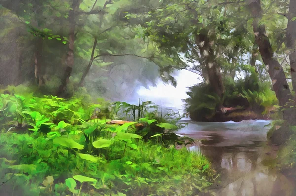 Piękna scena z górską rzeką w porannej mgle — Zdjęcie stockowe
