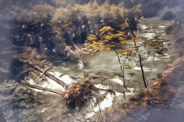 Belle scène avec rivière de montagne et arbre tombé — Photo