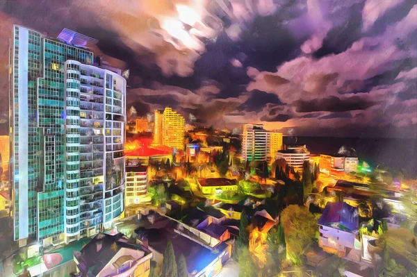Paisaje urbano nocturno escénico con edificio moderno pintura colorida se parece a la imagen, Sochi, Rusia. —  Fotos de Stock