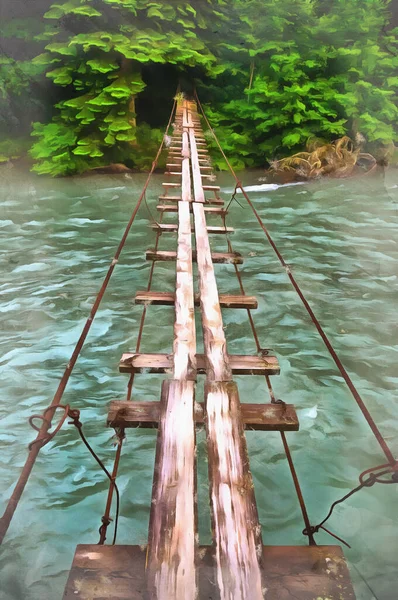 Scena z górską rzeką i most wiszący przez nią — Zdjęcie stockowe