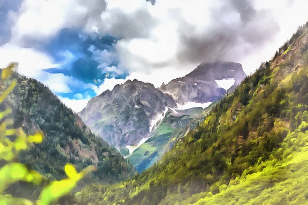 Piękny krajobraz górski na Kaukazie góry kolorowe malarstwo wygląda jak obraz. — Zdjęcie stockowe