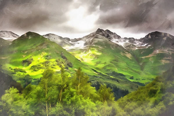 Hermoso paisaje de montaña en las montañas del Cáucaso pintura colorida se parece a la imagen. —  Fotos de Stock