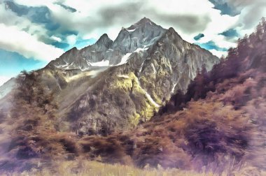 Kafkasya dağlarındaki güzel dağ manzarası renkli tabloya benziyor..