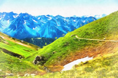 Kafkasya dağlarındaki güzel dağ manzarası renkli tabloya benziyor..