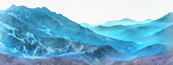 Vackert bergslandskap på Kaukasus berg färgglada målning ser ut som bild. — Stockfoto