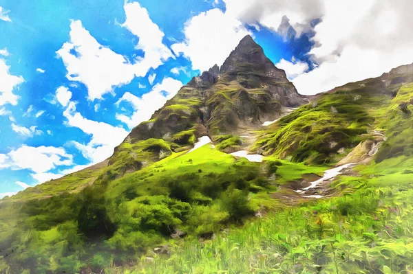 Gyönyörű hegyvidéki táj Kaukázus hegyek színes festmény úgy néz ki, mint egy kép. — Stock Fotó