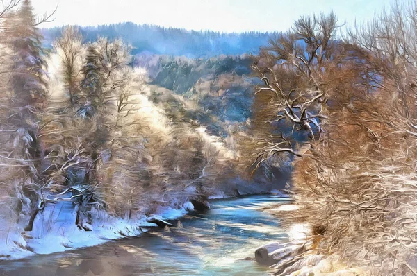 Bela paisagem ensolarada de inverno nas montanhas do Cáucaso — Fotografia de Stock