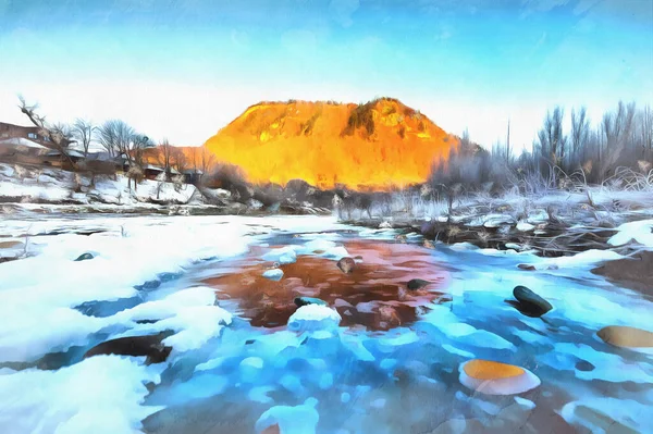 Hermoso paisaje de invierno soleado con el río de hielo y la montaña — Foto de Stock