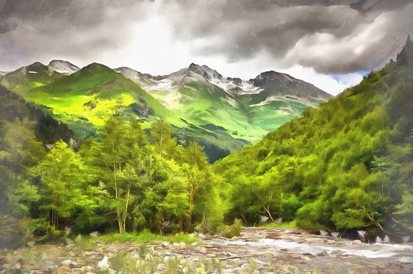 Piękny krajobraz górski na Kaukazie góry kolorowe malarstwo wygląda jak obraz. — Zdjęcie stockowe