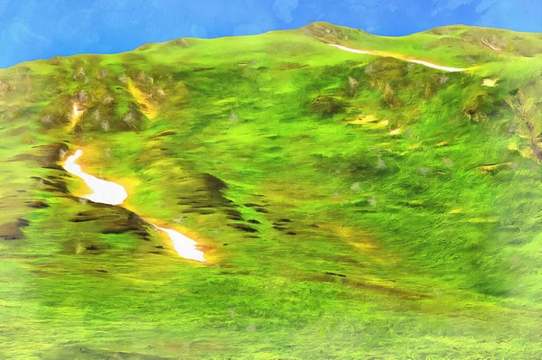 Gyönyörű hegyvidéki táj Kaukázus hegyek színes festmény úgy néz ki, mint egy kép. — Stock Fotó