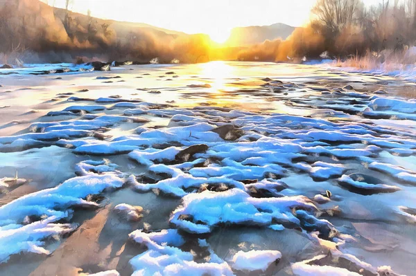 Bela paisagem ensolarada de inverno nas montanhas do Cáucaso ao nascer do sol — Fotografia de Stock