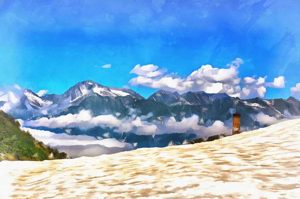 Красивый горный пейзаж с одинокой часовней в горах Кавказа — стоковое фото